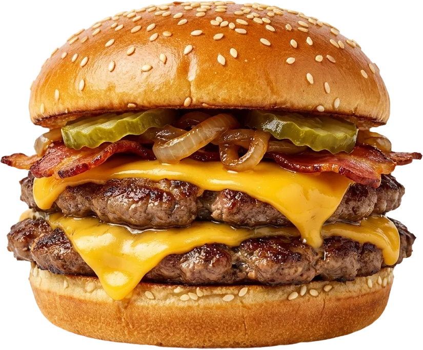 Doble smash burger con cheddar fundido y bacon, recortada